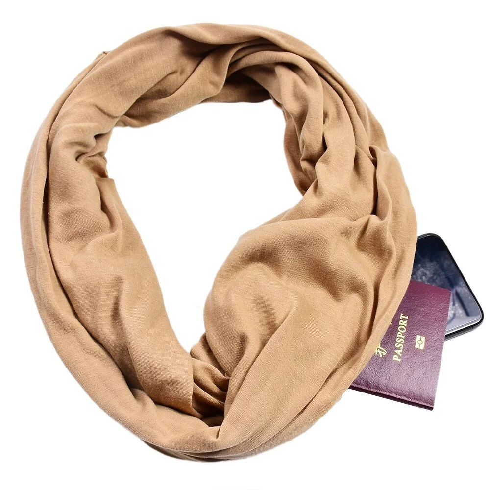 Infinity Solid Color Scarf with Hidden Zipper Pocket for Women Lightweight Travel Wrap