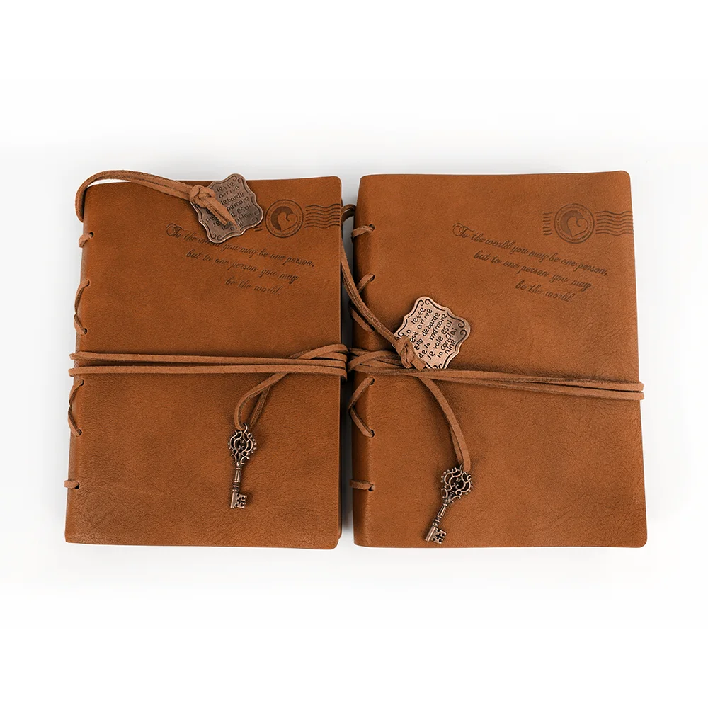 Custom Journal Faux Vintage Travel Dairy Notebook A7 PU Cover Blank Kraft Paper Leather Diaries With Pendant
