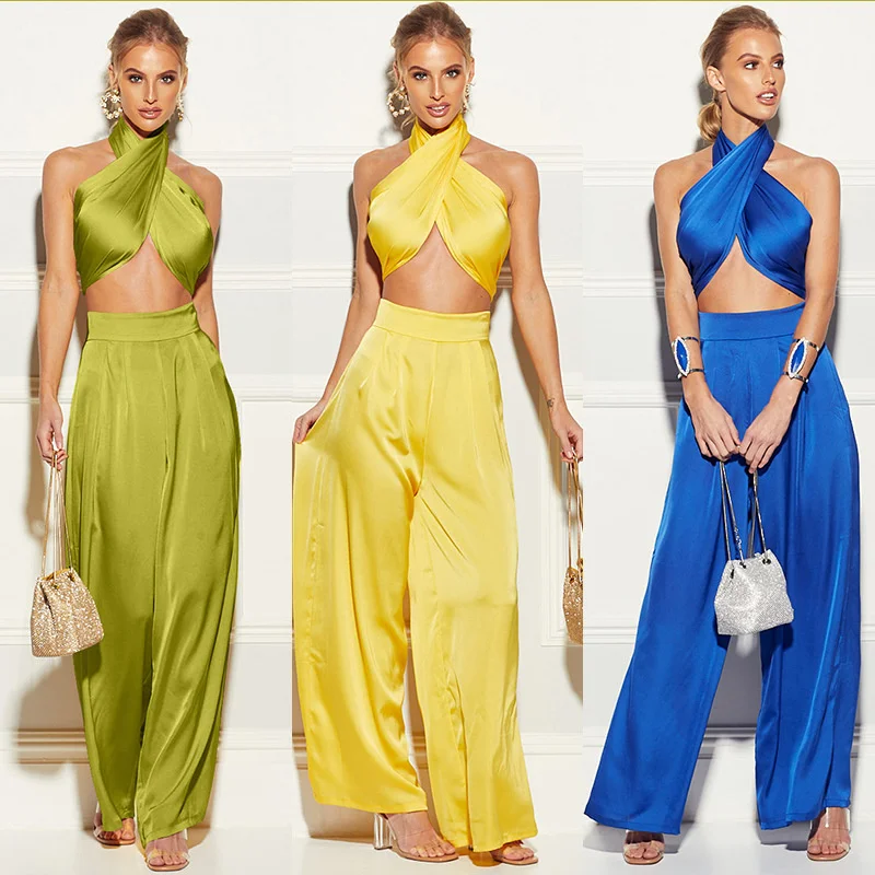 D4406 Custom Label Cross Halter Silk Two Pieces Set Summer Women Jumpsuits