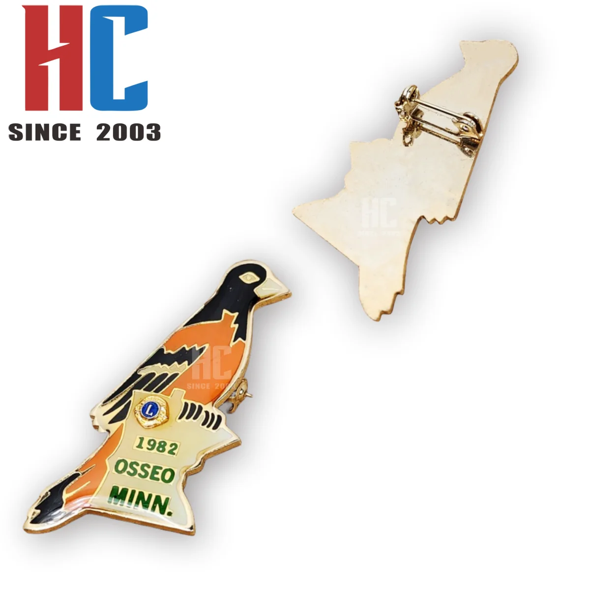 20 Years  Factory Custom Lions Club International 1992 Hong Kong Convention MD 16 Enamel and Gold Tone Bluebird Double Lapel Pin