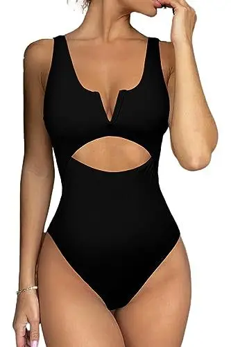 2024 new one-piece plain color splicing sexy V-neck one-piece swimsuit hollow bikini