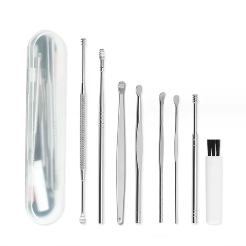 FYD 8 pcs Yellow Ear Cleaner Kits Stainless Steel Earpick Earwax Remover Spoon Spiral Ear Cleaning Tool