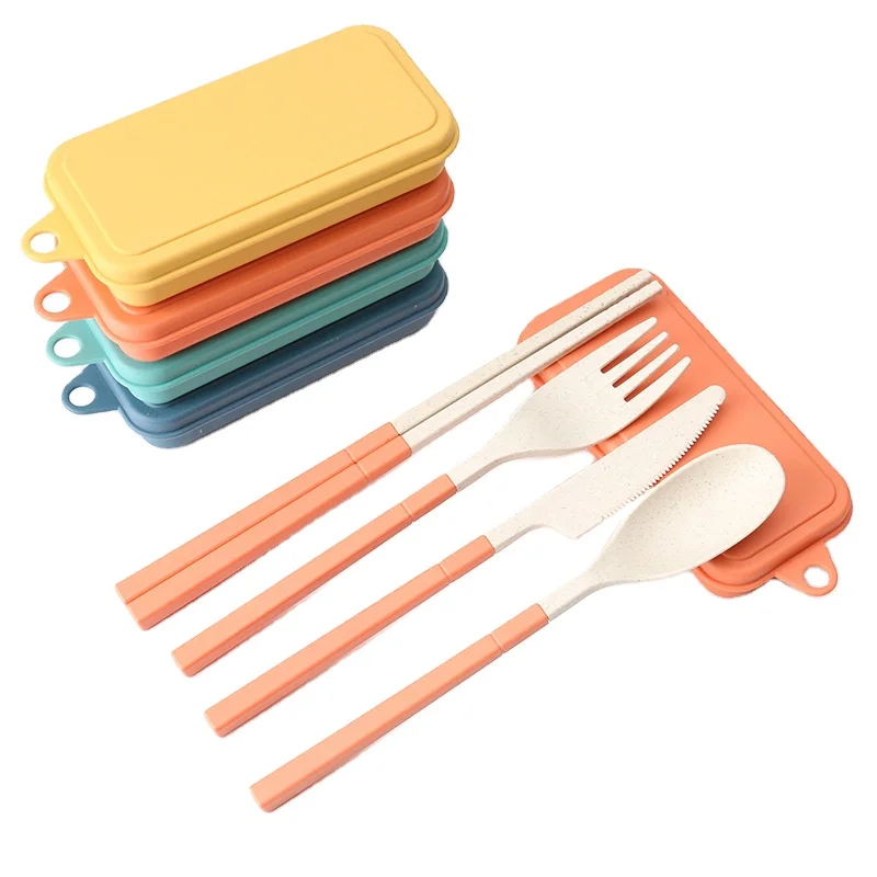 4PCS Portable Reusable Cutlery Set Wheat Straw Folding Knife Fork Spoon Chopsticks for Travel Picnic Camping Tableware Set