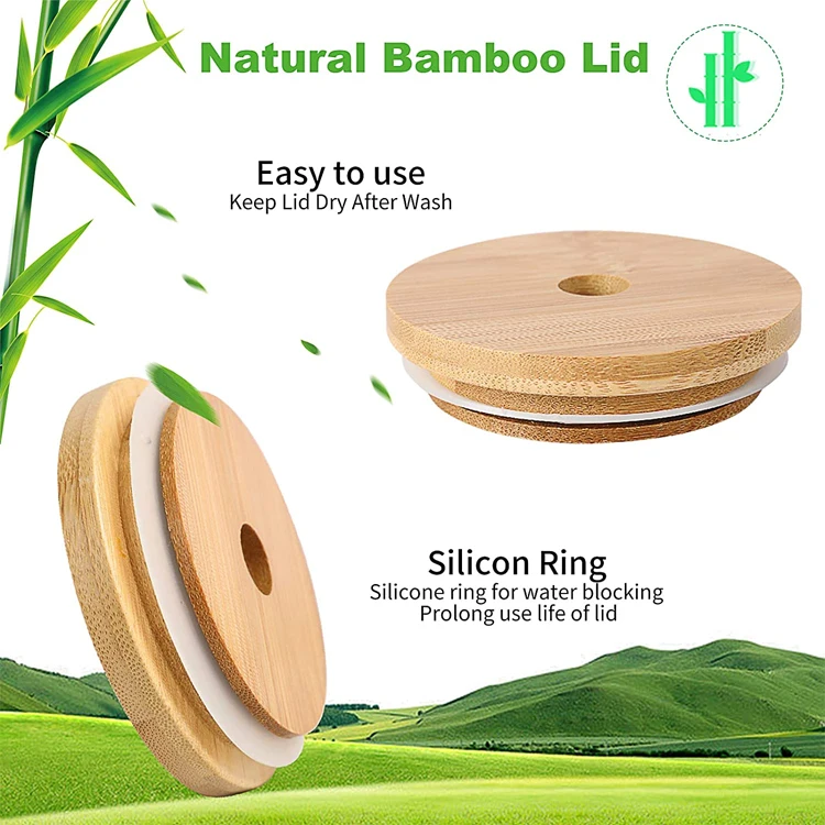 Reusable 24 oz Bubble Tea Cup Wide Mason Mug with Bamboo Lid and Stainless Straw Glass Smoothie Cups