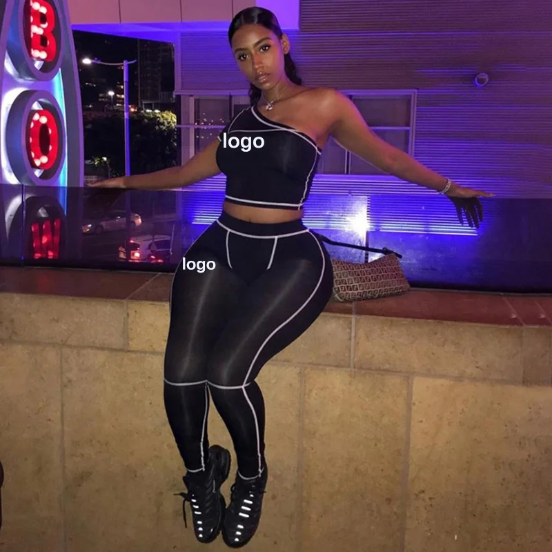 
Fitness Women Two Piece Set One Shoulder Top Leggings Striped Patchwork 2 pcs Black Tracksuits 