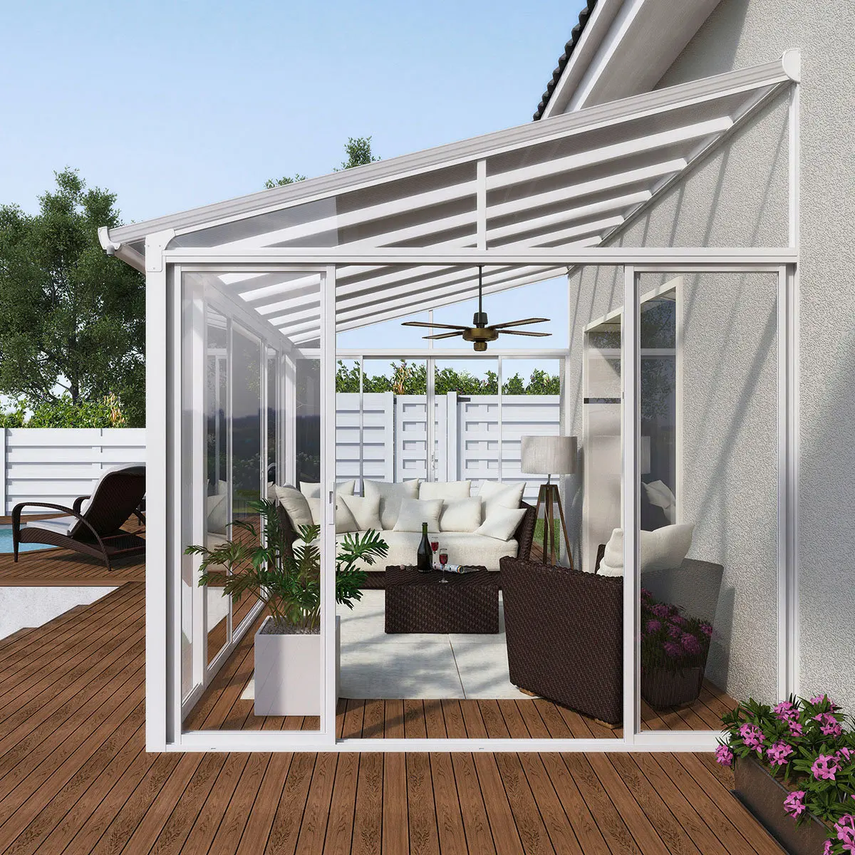 Triangular roof sunroom aluminium alloy frame garden house with balcony winter room manufacturer