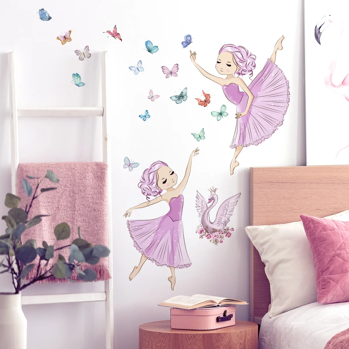 Living Room Decorative Wallpaper Cartoon Girl Swan Decals Dancing Butterfly Wall Stickers For Kids Room