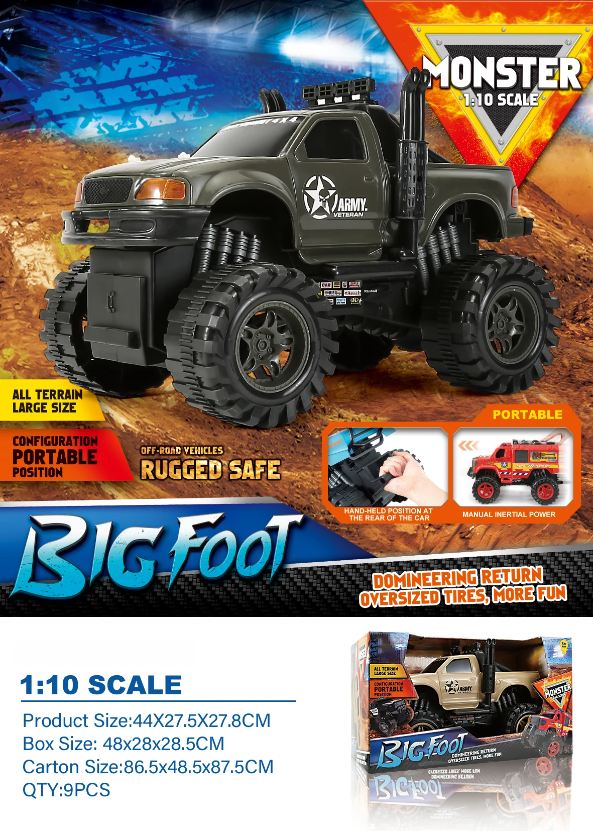 3+age 1:10 scale portable big size monster off road truck with powerful over sized tired for CHILDREN