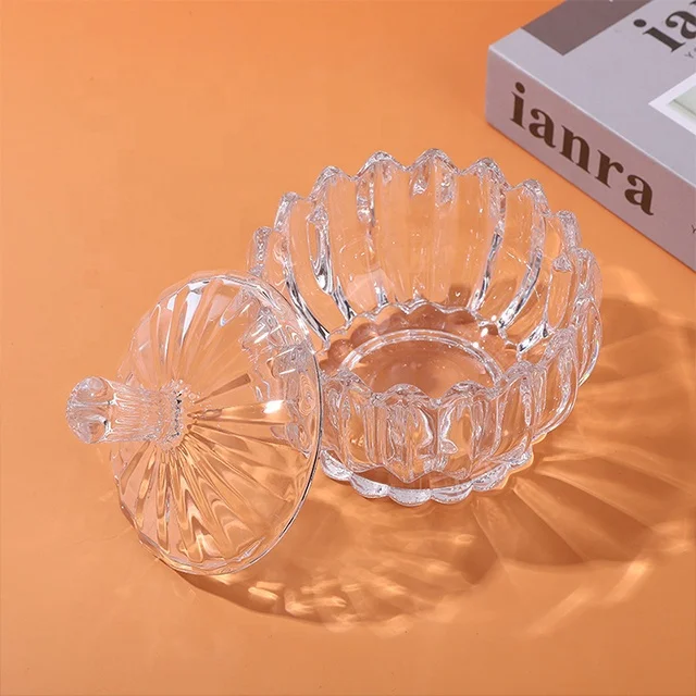 Hot Sale industry china wholesale crystal glass candle jar Transparent stripe circle crystal jar for candy crystal jar with lid