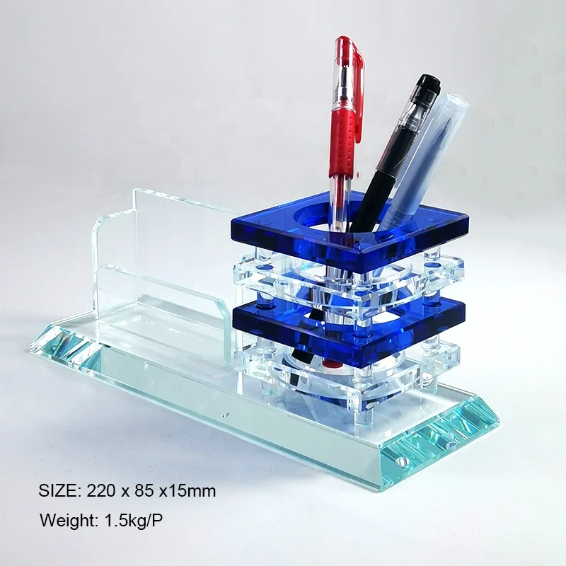 DILU Customized Logo Crystal Pen Holders Box Glass Business Card Tabletop Organizer Desktop Office Desk Stationery Pen Holder