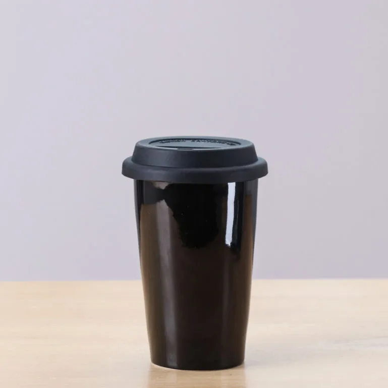 Custom double wall Ceramic coffee travel mug with silicone lid