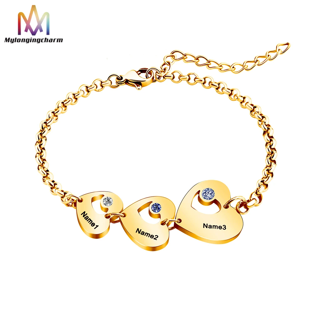 Personalized Jewelry Dainty 3 Hollow Heart Shape Charm Bracelet Name Engravable Heart Charm Connected Bangle