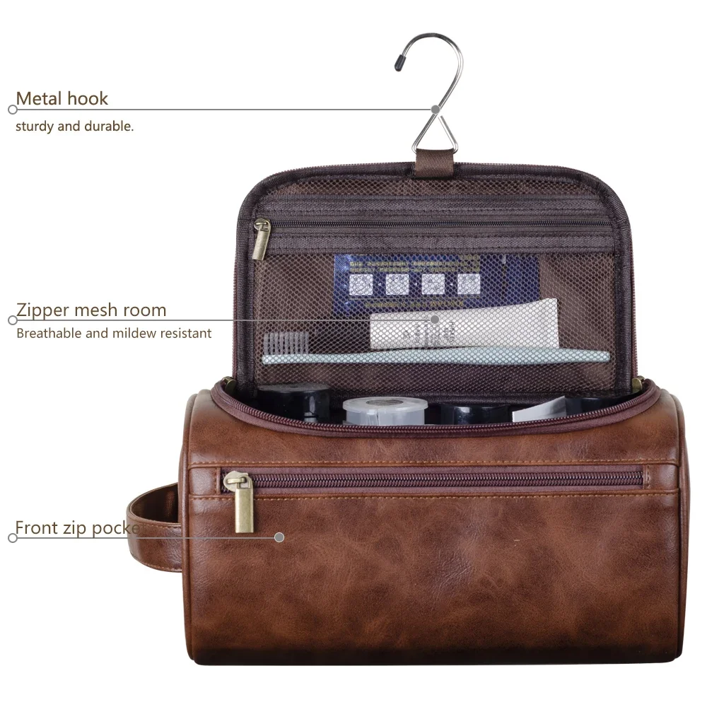 Men Women Travel PU Leather Toiletry Cosmetic Bag Portable Hanging Toiletry Bag Makeup Cosmetic Organizer Case For Bathroom