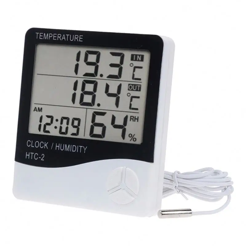 HTC-2 Wireless Temperature Humidity Tester Indoor Outdoor Probe Clock Alarm LCD Digital Thermometer Hygrometer Weather Station