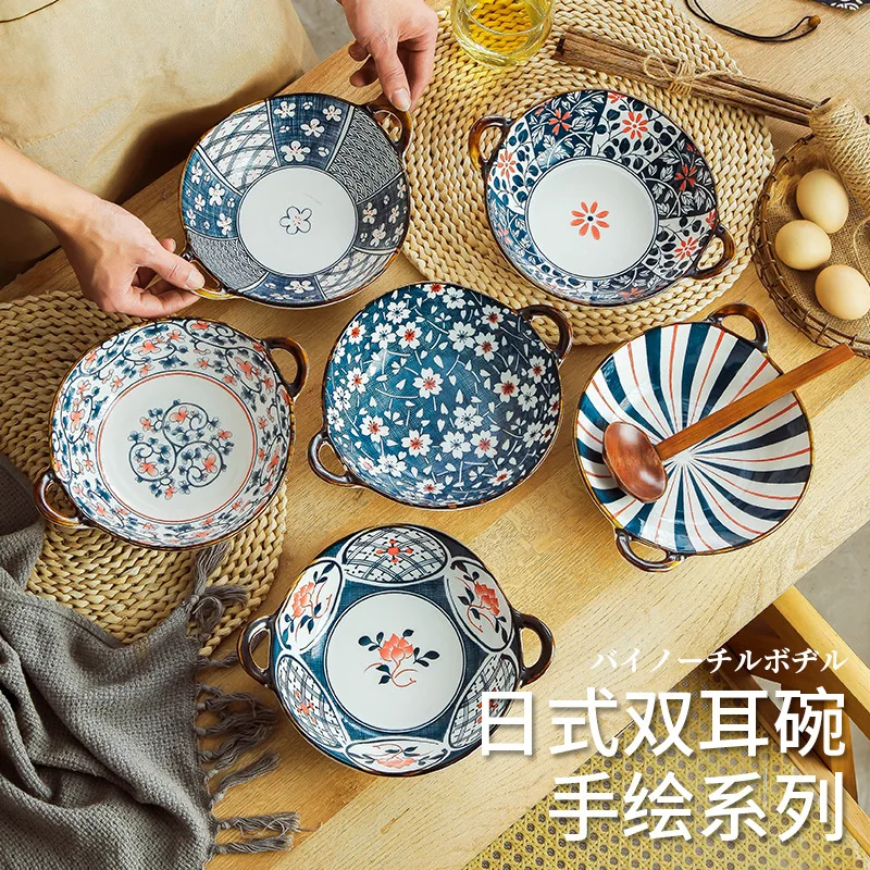 Japanese Style irregular flower new design ceramic soup bowl with two ears Salad Bowl with household handle