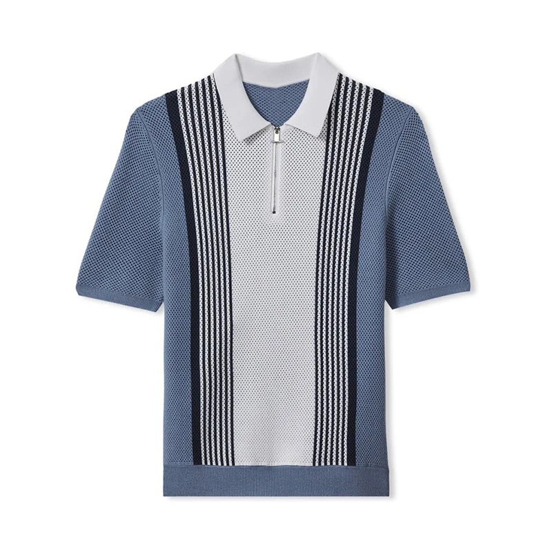 custom knit sweater summer  color blocking cotton thin short sleeves polo knit shirt hollow breathable knitted sweater