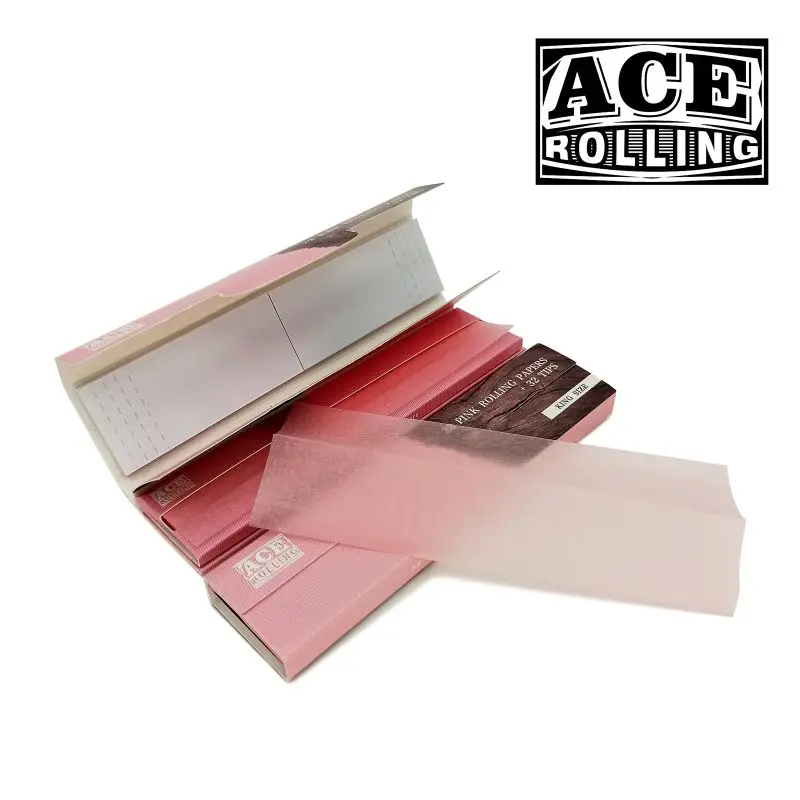 Wholesale Custom Hemp Rolling Paper 100% Natural Arabic Gum Unblenched Wood Pulp Pink Kingsize  Smoking Rolling Paper With Tips