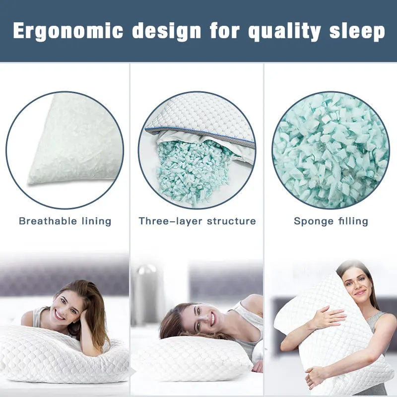 Bed Pillows for Sleeping Adjustable Shredded Foam Filling Cooling Pillow with Washable Removable Cover for Side  Queen Pillows
