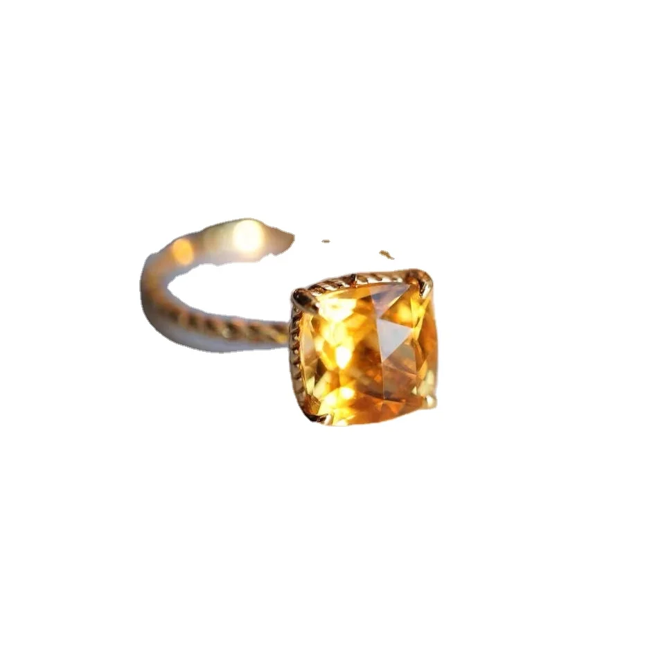 Natural Rose cut citrine S silver plated hemp open mouth ring