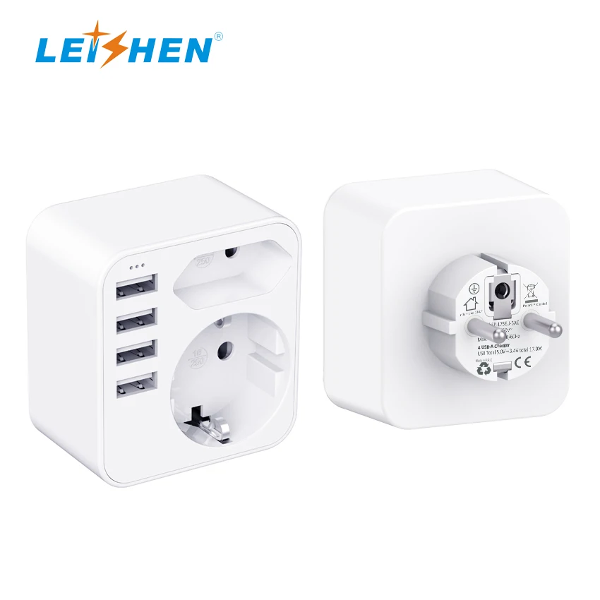 2023 Newest Hot Selling 250V 16A Fuse EU to EU Plug 7 IN ONE German to German USB Travel Adapter With Type-C  5V/3.4A