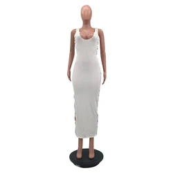 Casual Pin Up Side Hollow Out Women Sleeveless U Neck Fashion Bodycon Ribbed Knitted Long Dress Stretchy Summer Club Dresses