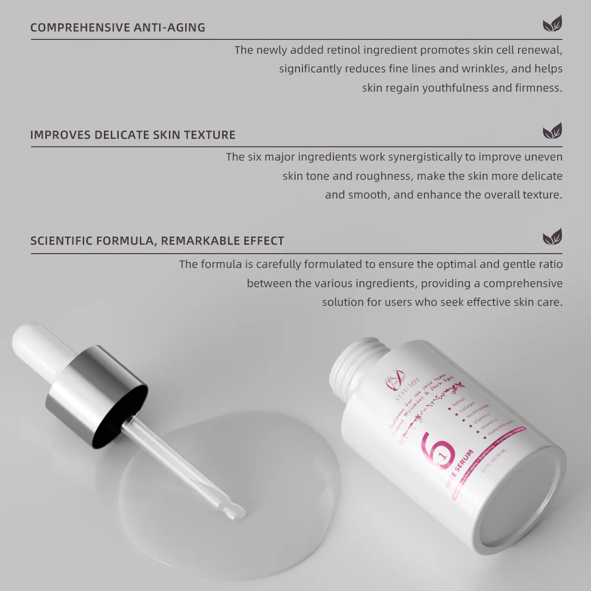 6 IN 1 Private Label Retinol Niacinamide Organic Dark Spot Lightening Anti Aging Face Glow Skin Care Vitamin C Serum