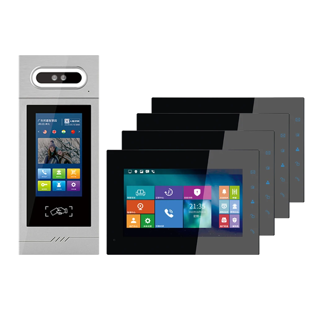 4 users Apartments Kit TCP/IP access control gate Cat5e Cable Intercom Video Door Phone System 1080P 7inch Touch Screen