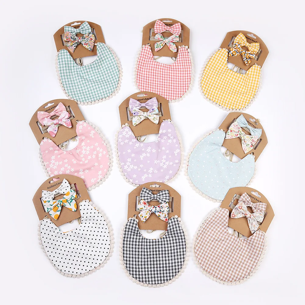 Cotton floral bib cute double sided baby spit towel bib waterproof cotton scarf headband set