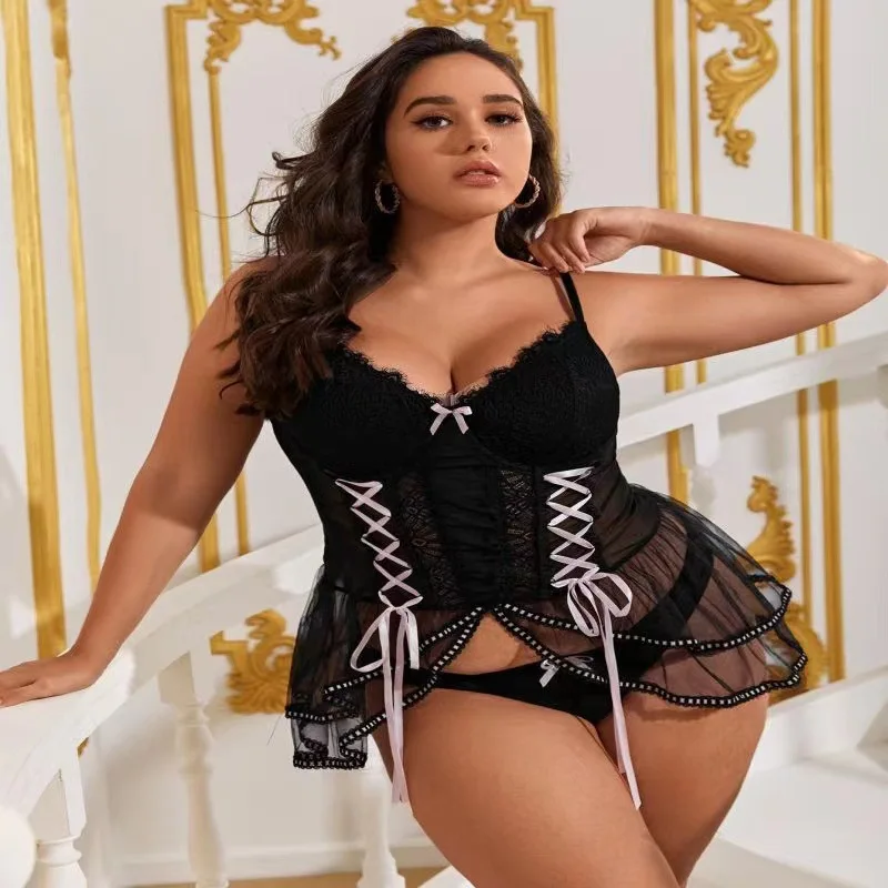 Plus-Size Sexy Underwear Three-Point Backless Suit Sexy Transparent Lace Sexy Lingerie Fat Women