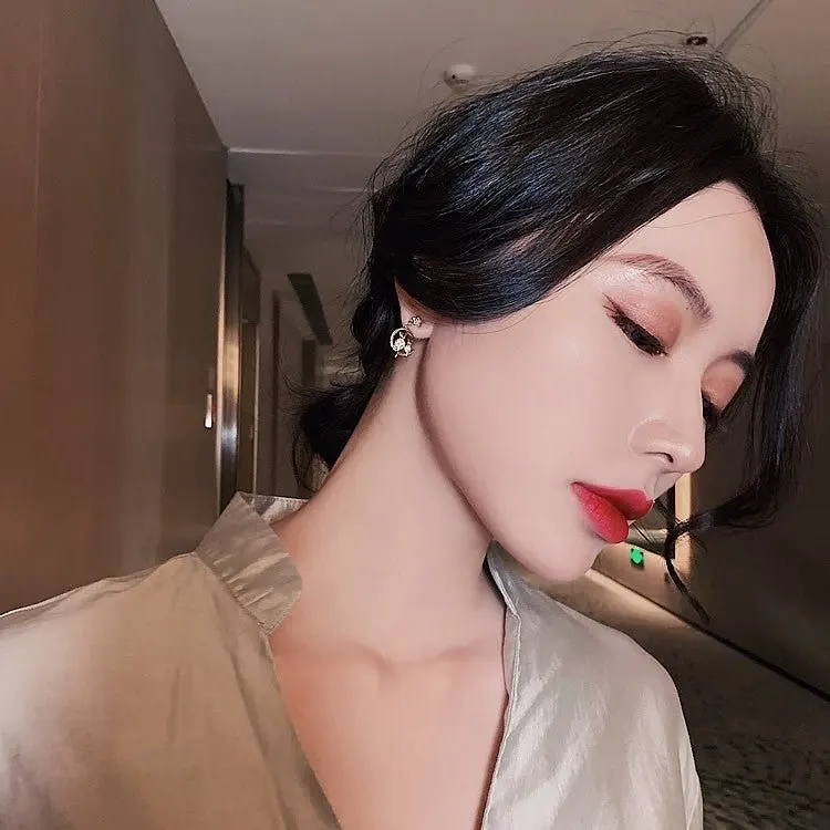 Slovehoony S925 Sterling Sliver Moon And Cute Cat Mother Child Gold Plated Huggies Kitties Jewelry Earrings Elegant For Women