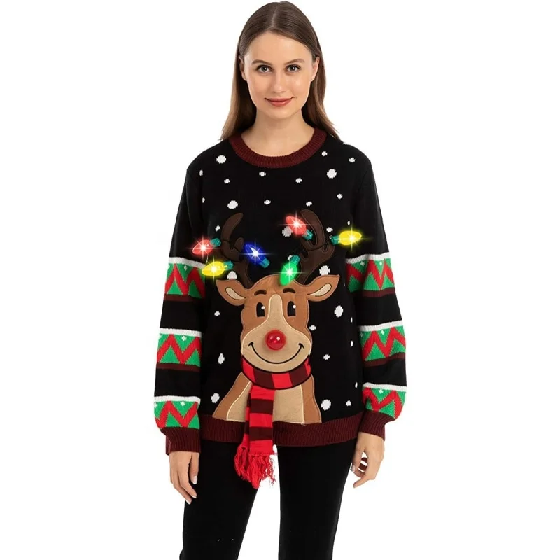 New Arrival Christmas Xmas Jumper Factory Custom Women Adult Jacquard Deer Music Ugly Christmas Sweater Jumper With Led Lights