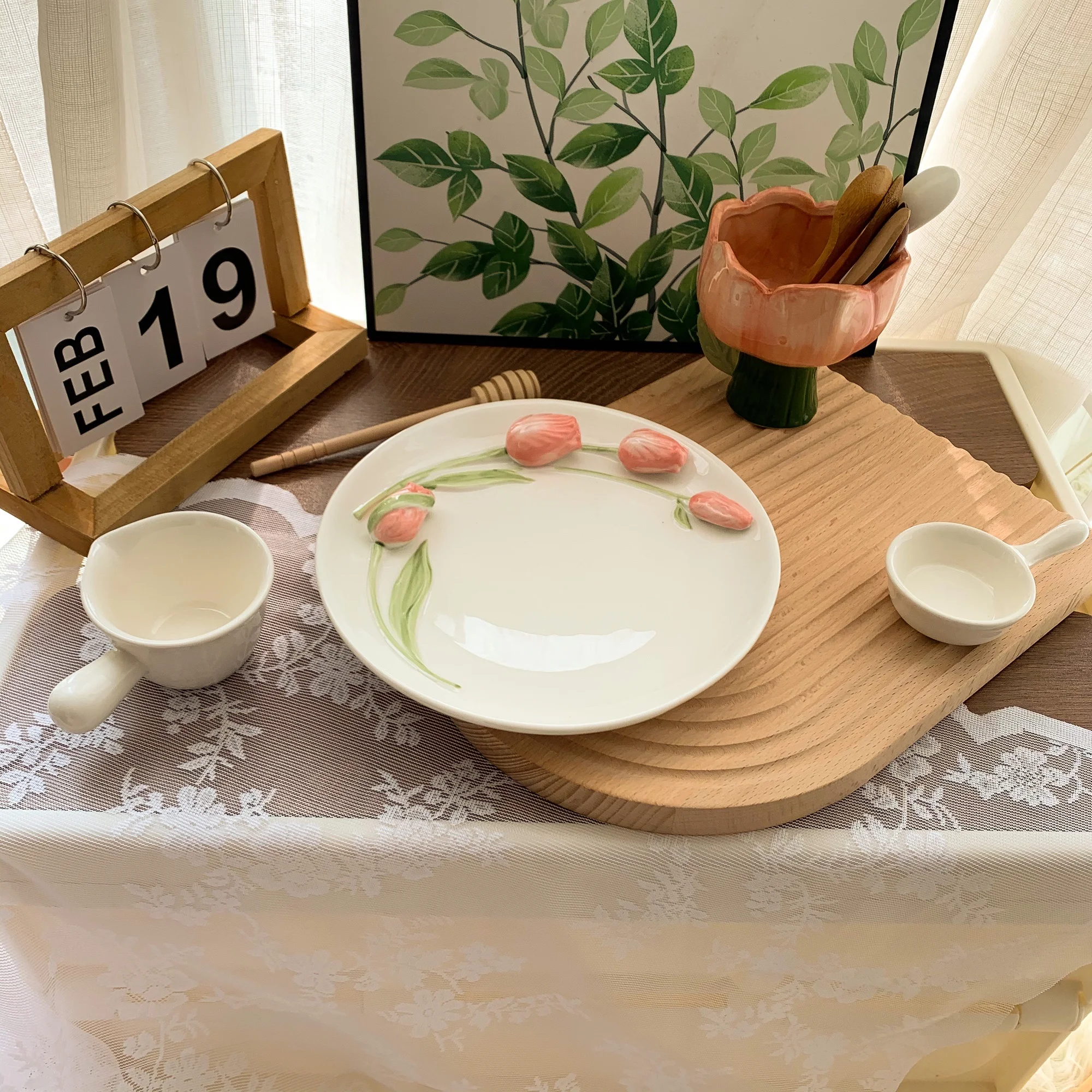 SYL New Korean ins girl heart relief tulip flower ceramic plate chargers cake dessert dish posing props dinner set dinnerware