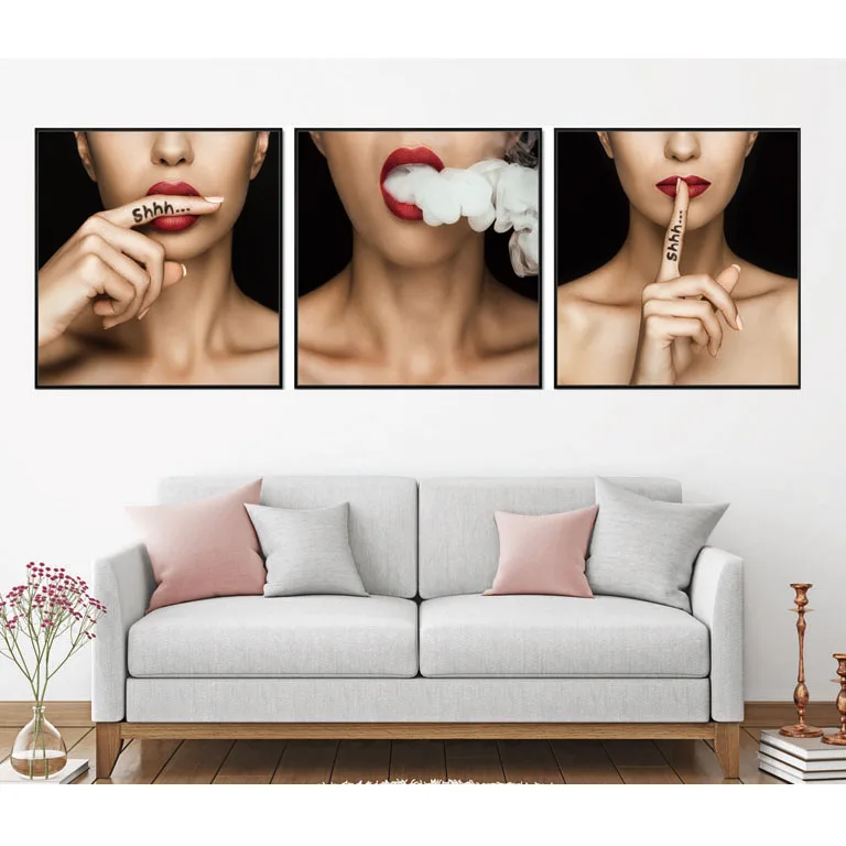 Modern Red Lips Hot Women poster Smoking lady Home Decor Wall art Canvas oil painting abstract