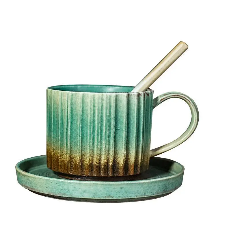 250ML Light Luxury Style Striped Coffee Mug Cup And Saucer Retro Stoneware Japanese Flowing Glaze Afternoon Tea Cup with Saucer