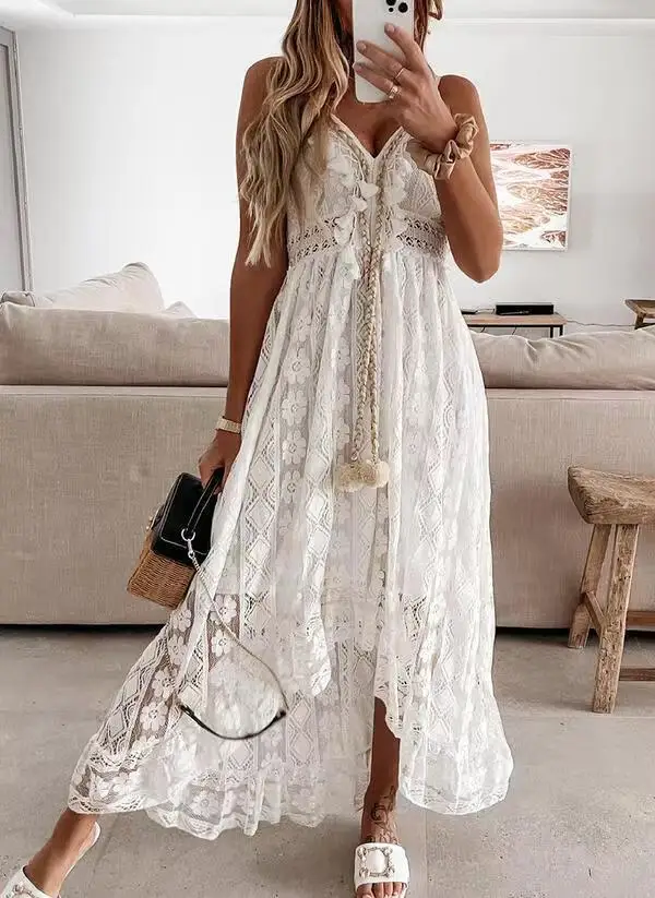2024 summer new boho sexy maxi dresses sundress plus size slip white lace dress women elegant
