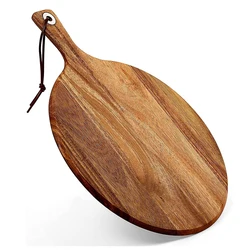 Custom  Paddle Shape Round Wooden Pizza Plate Tray Acacia Wood Pizza Cutting Board
