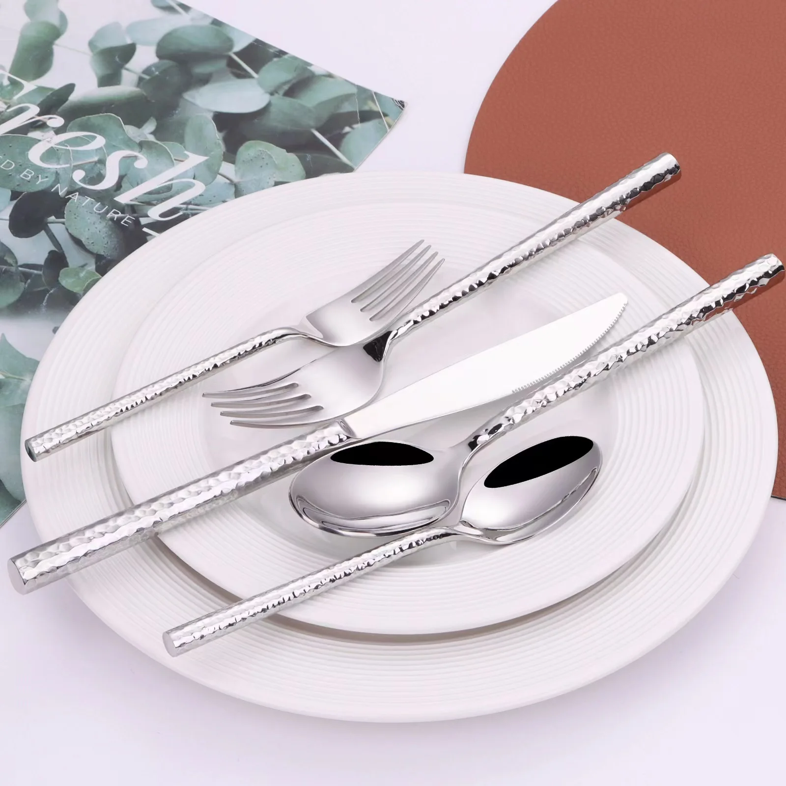 5 Pcs Creative Hammered Pattern Cutlery Set Western Stainless Steel Knife Fork Spoon Dinnerware Set Kitchen Tableware