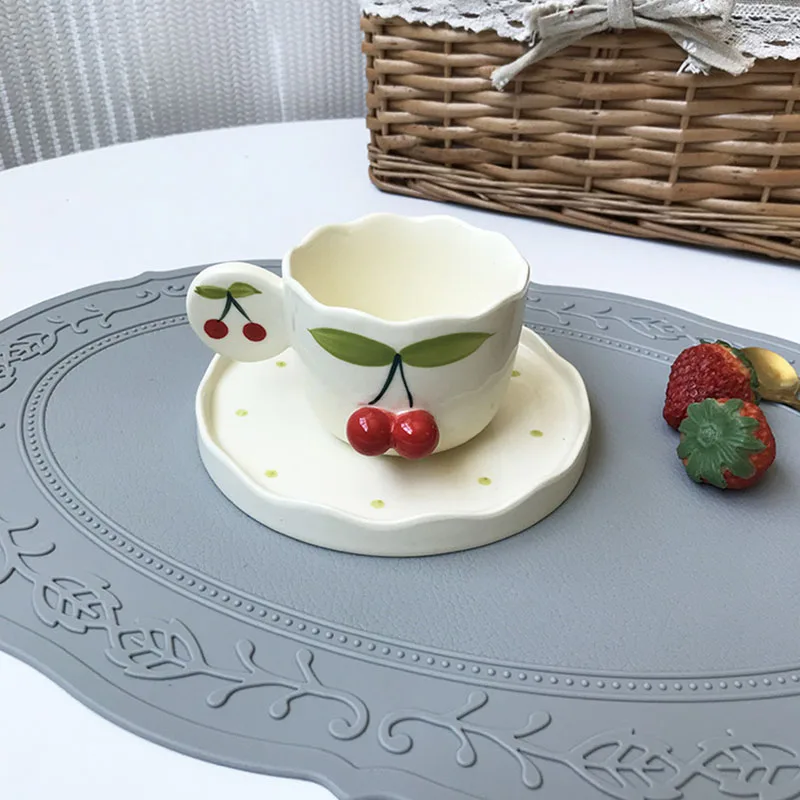 Simple cherry ceramic coffee cup and saucer cute three-dimensional shape milk breakfast cup