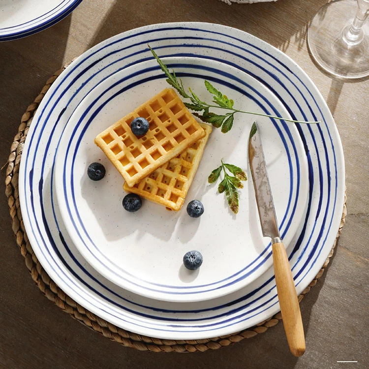 Hand-painted white blue stripe speckle stoneware dinner set luxury matte ceramic dinner plate porcelain nordic dinnerware set