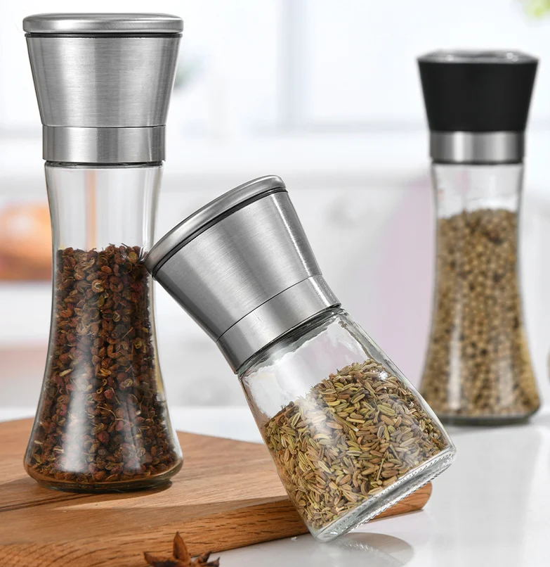 Best Seller 2 in 1 Kitchen Seasoning Adjustable Manual Glass Pepper Mill Spice Chili Salt and Pepper Grinder Set