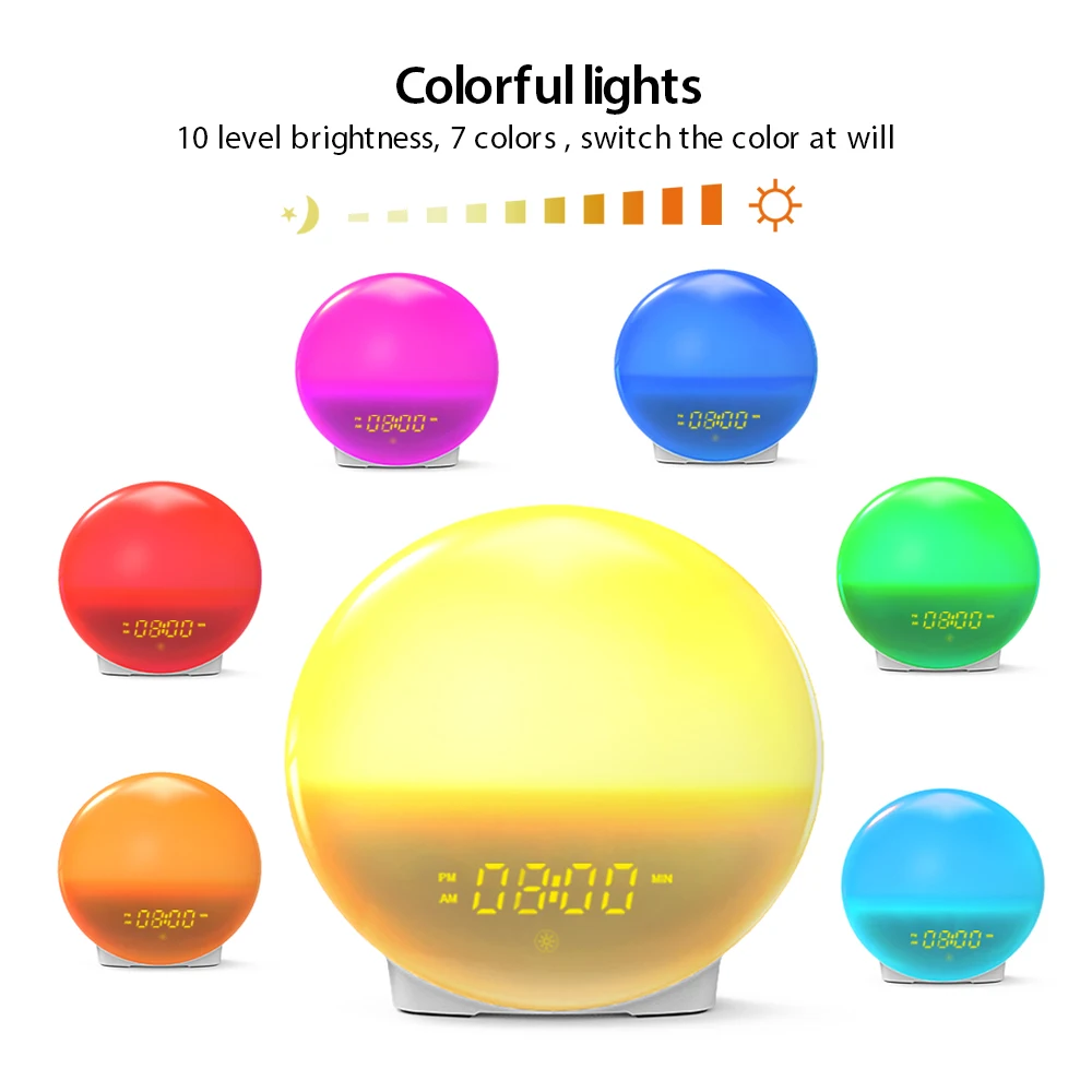  7 Color Changing Night Light Smart Digital Sunrise Wake up Alarm Clock FM Radio Speaker for Kids цветов Изменение ночного света Умный Цифровой восходящий свет будильник fm-радио Динамик для