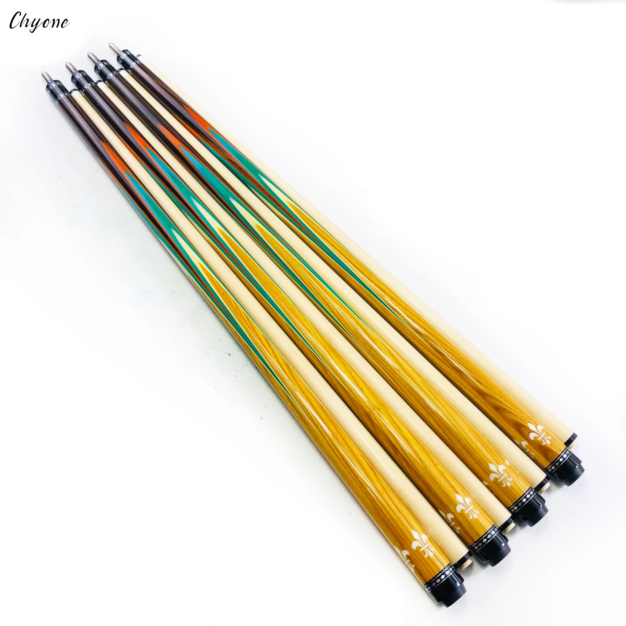 Chyone custom rainbow design zyoumon wood inlay carom cue diamond silver ring spliced carom cue billiard pool cue
