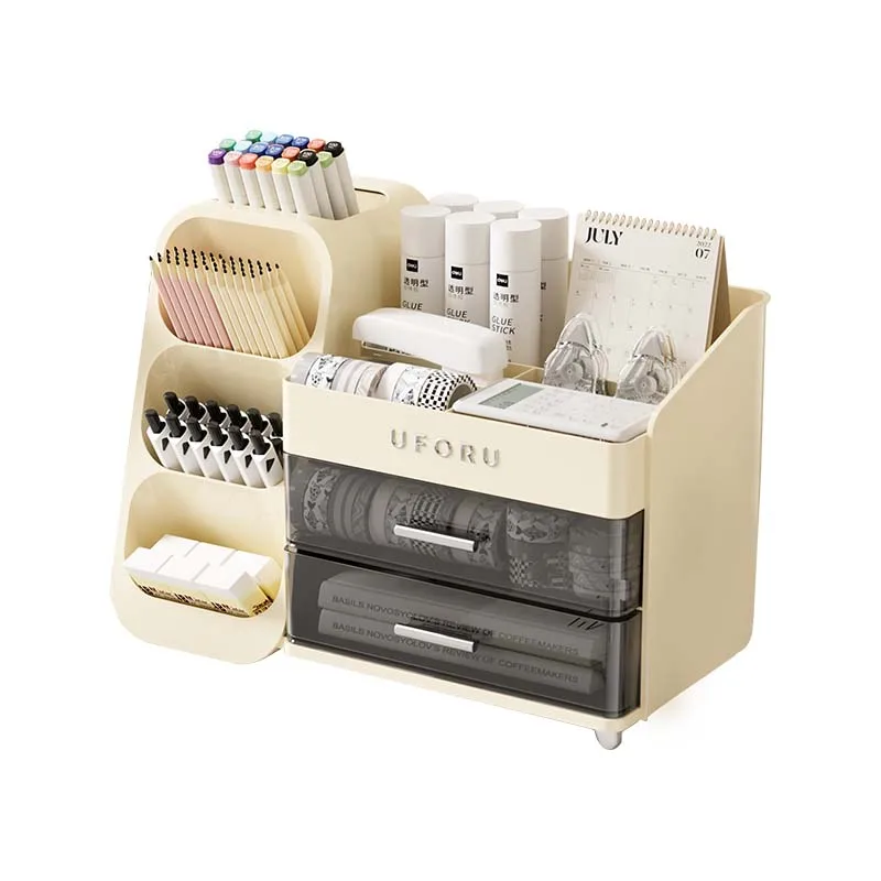 4 slots pen holder Pencil notebook Student Stationery container Sticky Notes calculator stapler Organizer Tray with 2 Drawers