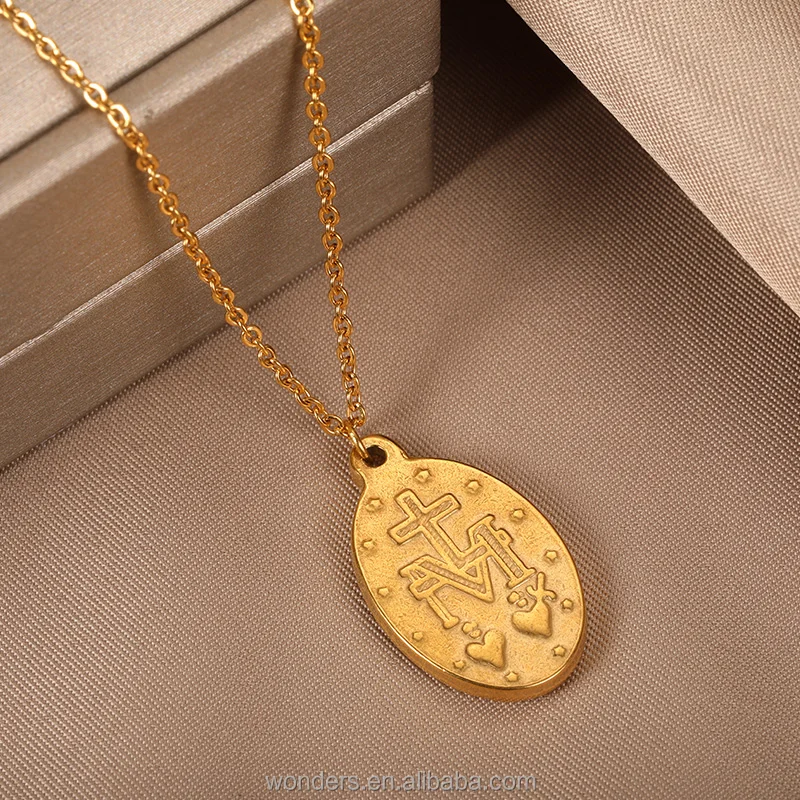 Stainless Steel Cross Two Sides Faith Jesus Catholic Coin Pendant Necklace For Women Men Church Jewelry