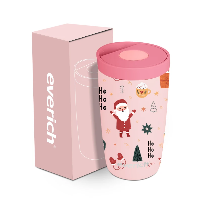 Christmas Style Portable Leak Proof Thermo Coffee Mug Vacuum Stainless Steel Button Lid Coffee Mug 12 Ounce