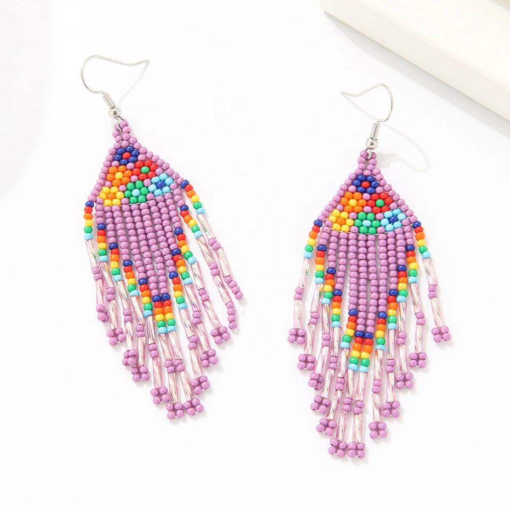2024 New Arrival Boho Jewelry Colorful Flowers Long Fringe Handmade Miyuki Beaded Earrings