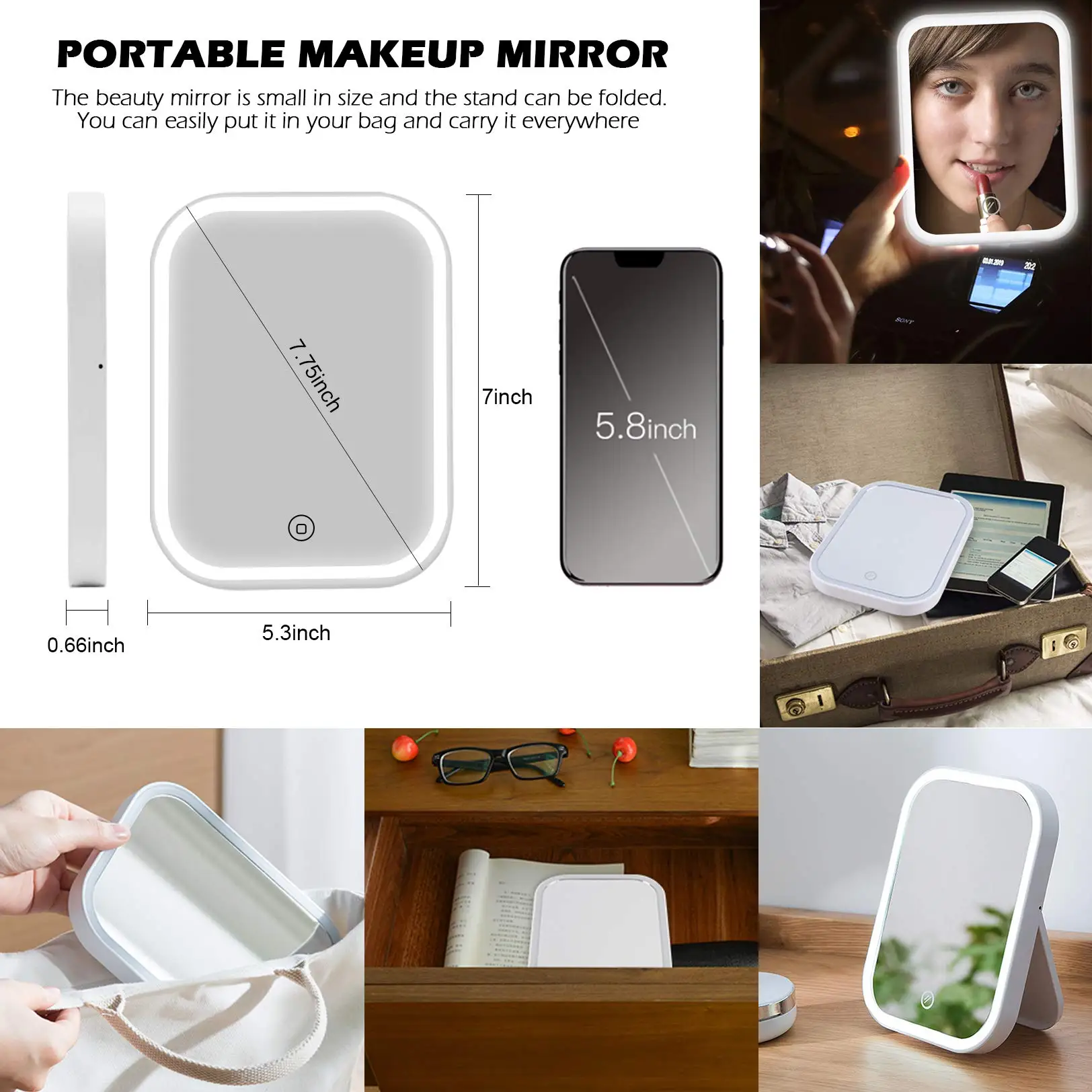 Rechargeable Lighted Vanity Mirror, Dimmable Table Countertop Cosmetic Travel Mirror with Touch Screen Switch