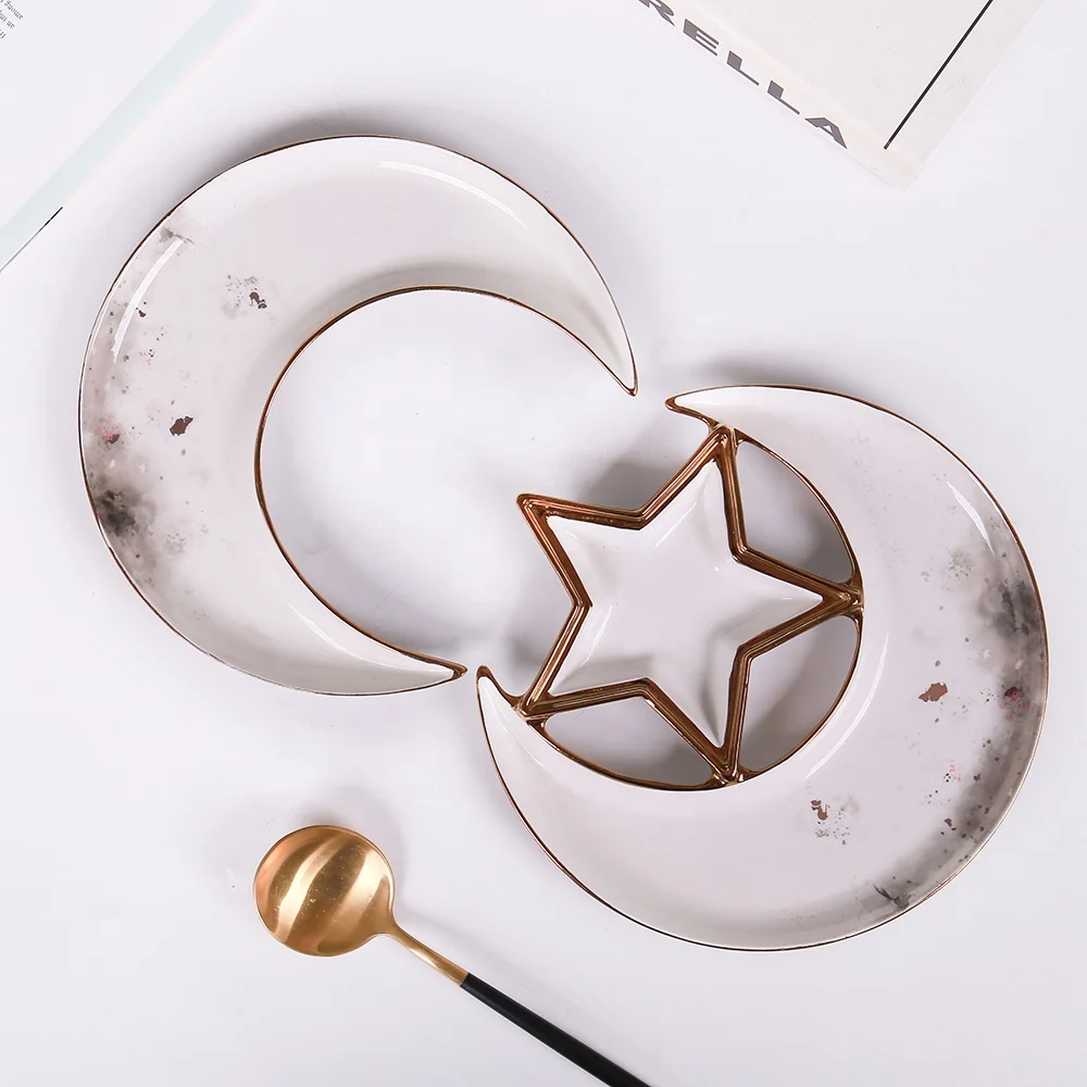 Wholesale Decor Islam Ramadan Custom Cheap Dish White Small Snack Serving Dish Novelty Mubarak  Eid Moon Shape Ceramic Dishes