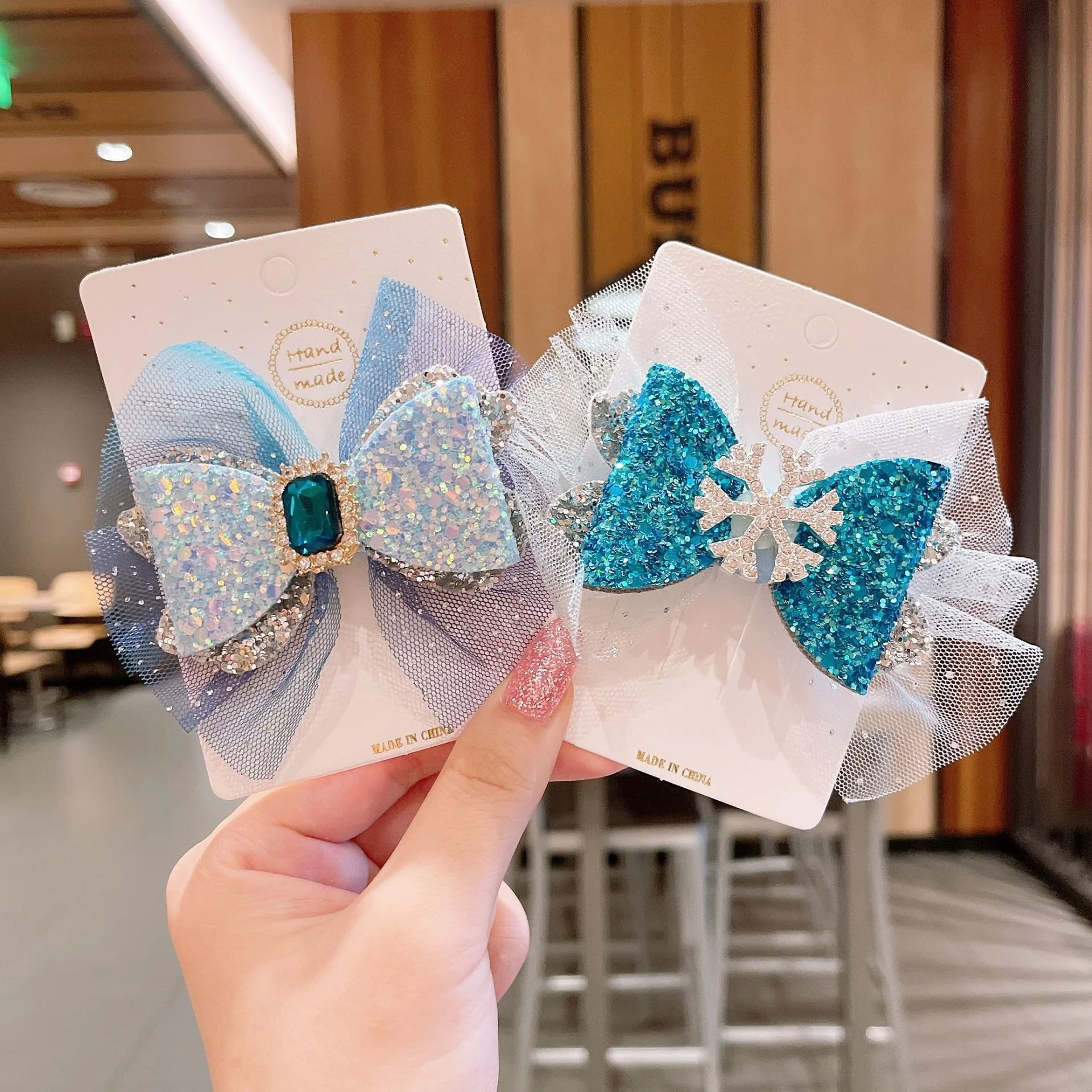 New Style Ice Princess Crown Hairpin Snowflake Bow Ribbon Hairpin Blue Crystal Girls Hairclips For Children