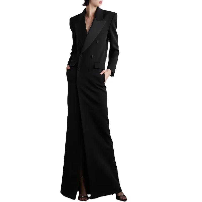 OEM Long Sleeve Double-breasted Satin Trimmed Wool Crepe Maxi Dress Blazer Coat Women